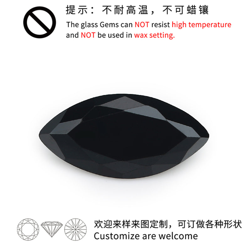 Size 3x6~8x16mm Marquise Cut Black Glass Stone Loose Synthetic Gemstone for Jewelry