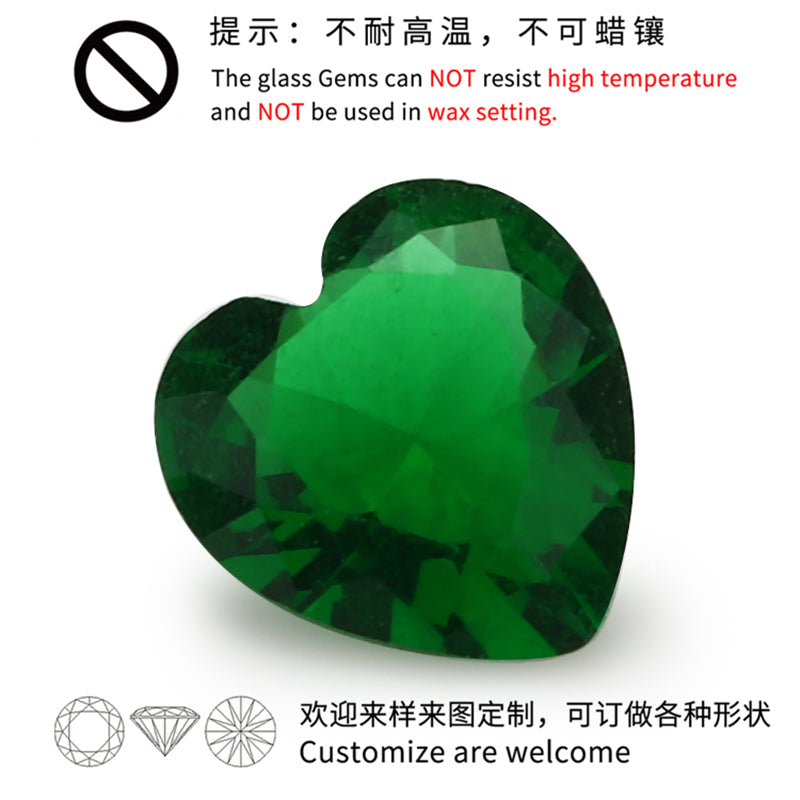 Size 3x3~10x10mm Heart Cut Green Glass Stone Loose Synthetic Gemstone for Jewelry