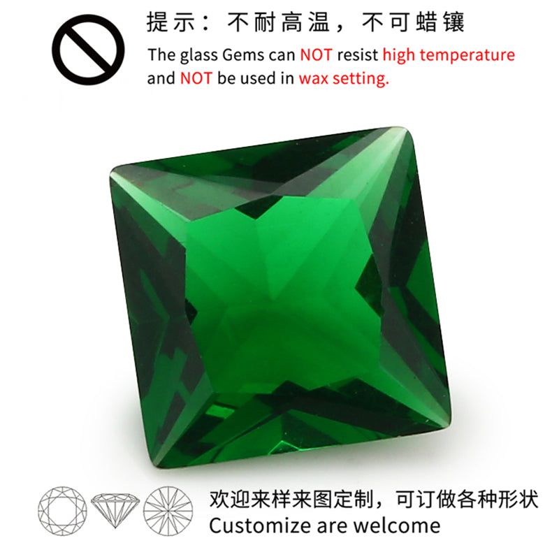 Size 3x3~10x10mm Square Princess Cut Green Glass Stone Loose Synthetic Gemstone for Jewelry